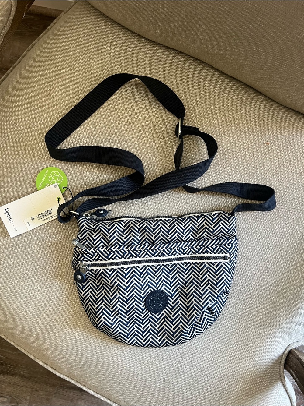 Kipling Dark Blue, Black & White Geometric Crossbody Bag with Adjustable Strap
